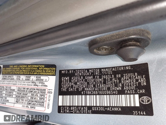 2006 Toyota Avalon XL with VIN 4T1BK36B16U096540, listed as a IAAI auction lot 42210538 with 219,406 mi miles and . Bid and sale history available at DreamBid. Image 9.