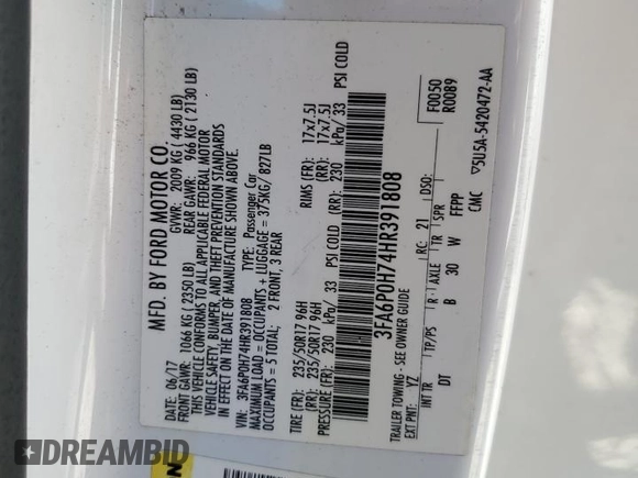 2017 Ford Fusion SE with VIN 3FA6P0H74HR391808, listed as a Copart auction lot 52087195 with 257,955 mi miles and Salvage title. Bid and sale history available at DreamBid. Image 12.
