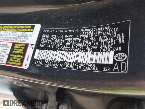 2013 Toyota Corolla L with VIN 2T1BU4EE5DC987182, listed as a IAAI auction lot 42125976 with 122,785 mi miles and . Bid and sale history available at DreamBid. Image 9.