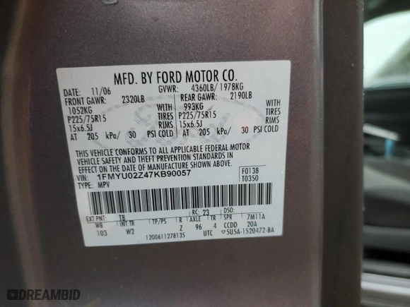2007 Ford Escape XLS with VIN 1FMYU02Z47KB90057, listed as a Copart auction lot 44045855 with 198,461 mi miles and Non Repairable. Bid and sale history available at carsss.com. Image 13.