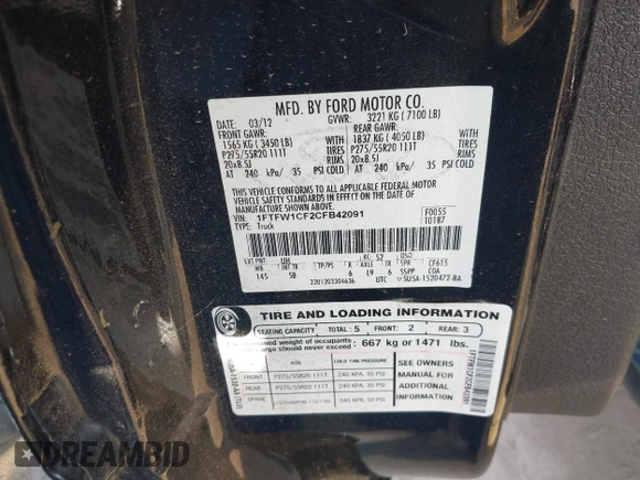 2012 Ford F-150 XL z VIN 1FTFW1CF2CFB42091, wystawiony jako IAAI lot #42258029 z przebiegiem 230 391 mil mil oraz . Historia ofert i sprzedaży dostępna na DreamBid. Obrazek 9.