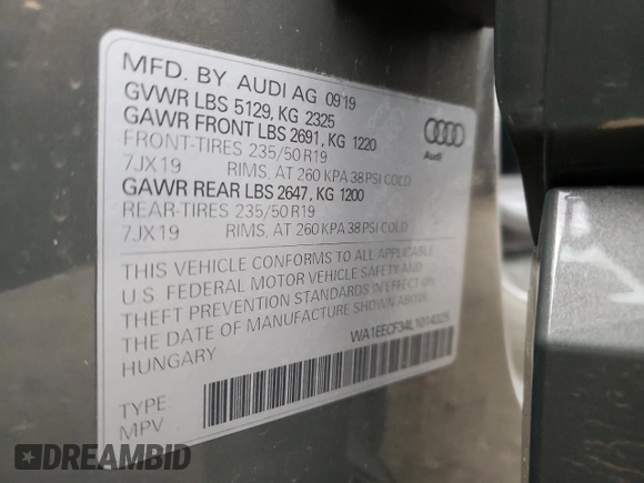 2020 Audi Q3 S line Premium Plus with VIN WA1EECF34L1014325, listed as a Copart auction lot 36095973 with 0 mi miles. Bid and sale history available at carsss.com. Image 14.