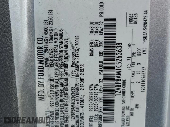 2012 Ford Mustang Premium with VIN 1ZVBP8AM1C5263638, listed as a Copart auction lot 55148875 with 106,376 mi miles and Salvage title. Bid and sale history available at DreamBid. Image 12.
