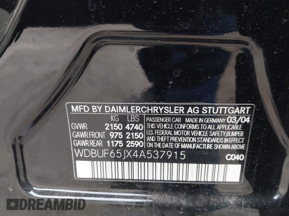 2004 Mercedes-Benz E 320 with VIN WDBUF65JX4A537915, listed as a IAAI auction lot 42047449 with 94,783 mi miles and . Bid and sale history available at DreamBid. Image 9.
