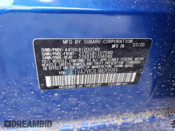 2020 Subaru WRX STI Limited with VIN JF1VA2Y62L9820593, listed as a Copart auction lot 85805224 with 23,196 mi miles and Salvage Title. Bid and sale history available at carsss.com. Image 13.