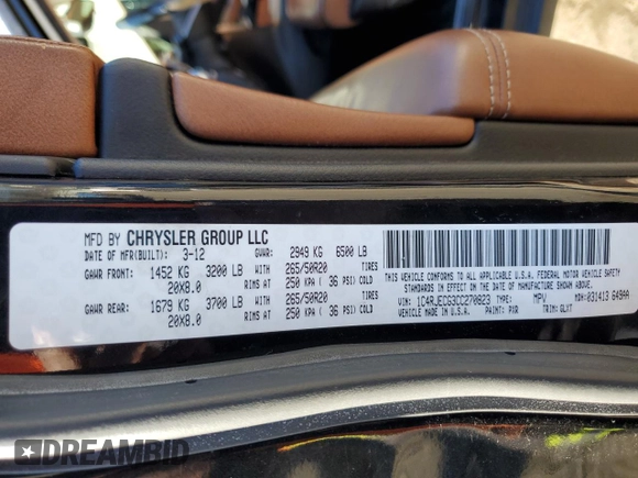2012 Jeep Grand Cherokee High Altitude with VIN 1C4RJECG3CC270823, listed as a Copart auction lot 88306135 with 178,219 mi miles and Salvage Title. Bid and sale history available at carsss.com. Image 13.