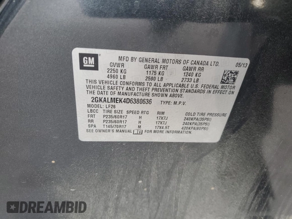 2013 GMC Terrain SLE с VIN 2GKALMEK4D6380636, выставлен на аукционе Copart как лот 55835875 с пробегом 204 958 миль миль и Списание • Salvage title. История ставок и продаж доступна на DreamBid. Изображение 13.