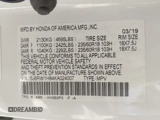 2019 Honda CR-V EX-L with VIN 5J6RW1H84KA024007, listed as a IAAI auction lot 41402476 with 58,933 mi miles. Bid and sale history available at carsss.com. Image 9.