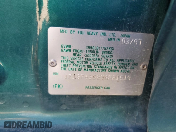 1997 Subaru Impreza L with VIN JF1GF4352VG821519, listed as a Copart auction lot 76420034 with 57,600 mi miles and Clean title. Bid and sale history available at DreamBid. Image 13.