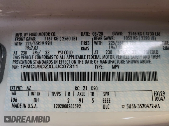 2020 Ford Escape Titanium Hybrid z VIN 1FMCU9DZXLUC07311, wystawiony jako Copart lot #48085815 z przebiegiem 50 472 mil mil oraz Szkoda całkowita • Salvage title. Historia ofert i sprzedaży dostępna na DreamBid. Obrazek 14.