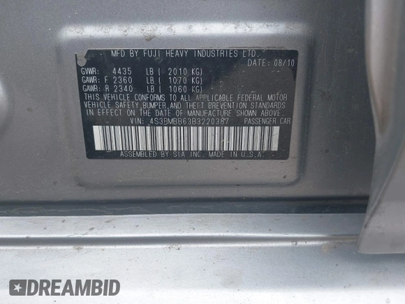2011 Subaru Legacy Prem with VIN 4S3BMBB63B3220387, listed as a IAAI auction lot 42584674 with 183,048 mi miles and . Bid and sale history available at DreamBid. Image 9.