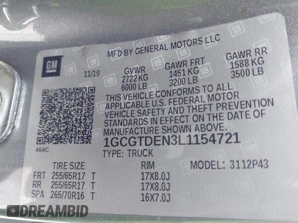 2020 Chevrolet Colorado 4WD Z71 with VIN 1GCGTDEN3L1154721, listed as a IAAI auction lot 41622361 with 64,628 mi miles and . Bid and sale history available at DreamBid. Image 9.