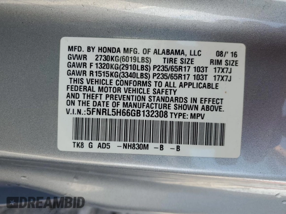 2016 Honda Odyssey EX-L with VIN 5FNRL5H66GB132308, listed as a Copart auction lot 55299495 with 143,174 mi miles and Salvage Title. Bid and sale history available at DreamBid. Image 14.