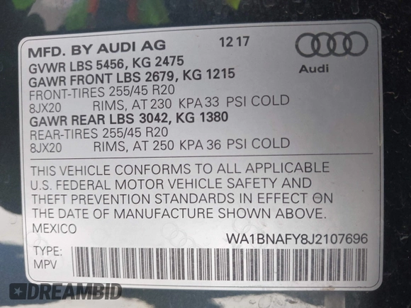 2018 Audi Q5 Premium Plus with VIN WA1BNAFY8J2107696, listed as a IAAI auction lot 41765883 with 75,363 mi miles. Bid and sale history available at carsss.com. Image 9.