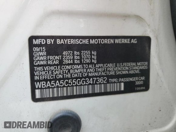 2016 BMW 5 Series 528i with VIN WBA5A5C55GG347362, listed as a Copart auction lot 53672395 with 129,299 mi miles and Salvage Title. Bid and sale history available at DreamBid. Image 13.