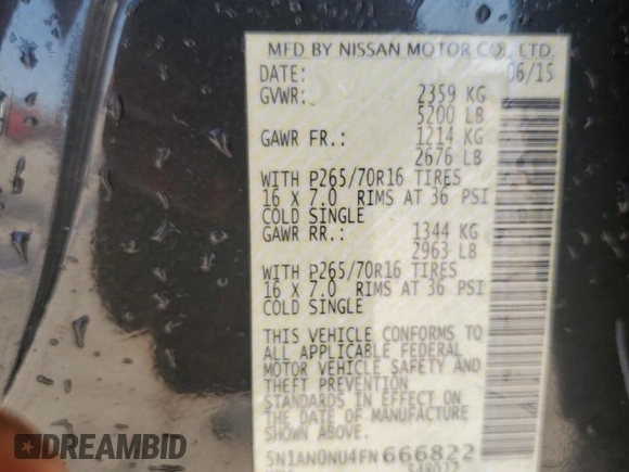 2015 Nissan Xterra S with VIN 5N1AN0NU4FN666822, listed as a Copart auction lot 42741445 with 151,220 mi miles and Salvage Title. Bid and sale history available at DreamBid. Image 14.