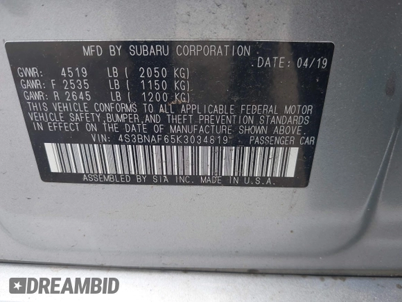 2019 Subaru Legacy Premium z VIN 4S3BNAF65K3034819, wystawiony jako IAAI lot #42456414 z przebiegiem 105 907 mil mil oraz . Historia ofert i sprzedaży dostępna na DreamBid. Obrazek 9.