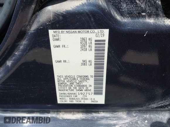 2019 Nissan Altima 2.5 SV with VIN 1N4BL4DVXKC192757, listed as a IAAI auction lot 41967586 with 31,066 mi miles. Bid and sale history available at carsss.com. Image 9.