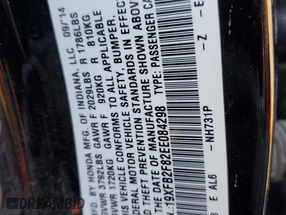 2014 Honda Civic Sedan EX with VIN 19XFB2F82EE084298, listed as a Copart auction lot 47322235 with 0 mi miles and Salvage Title. Bid and sale history available at carsss.com. Image 15.