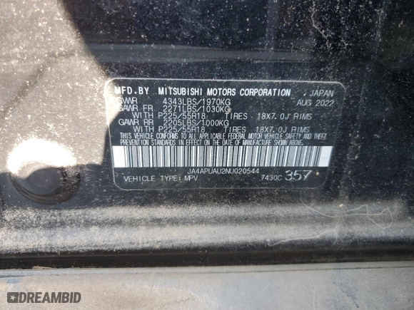 2022 Mitsubishi Outlander Sport ES with VIN JA4APUAU2NU020544, listed as a Copart auction lot 86224014 with 0 mi miles and Salvage Title. Bid and sale history available at carsss.com. Image 14.