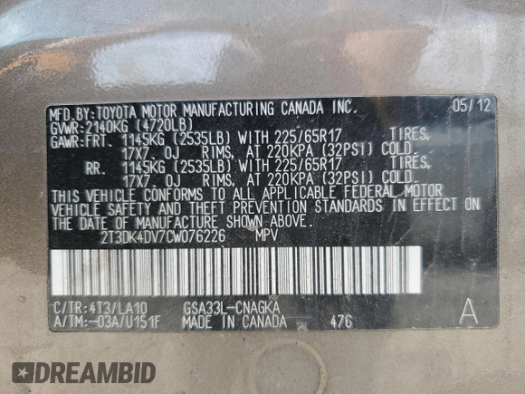 2012 Toyota RAV4 Limited с VIN 2T3DK4DV7CW076226, выставлен на аукционе Copart как лот 57250095 с пробегом 155 615 миль миль и Списание • Salvage title. История ставок и продаж доступна на DreamBid. Изображение 12.