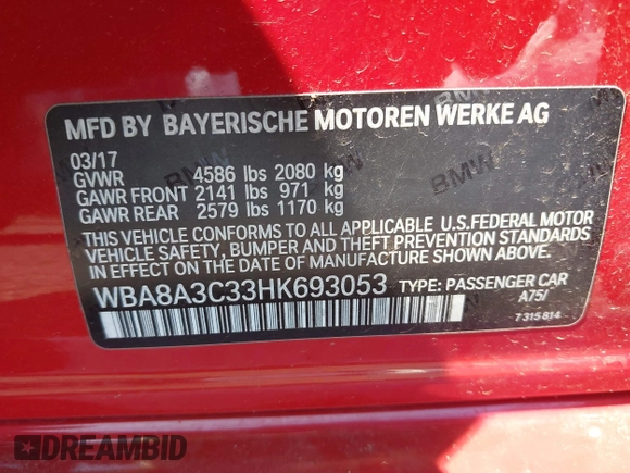 2017 BMW 3 Series 320i xDrive с VIN WBA8A3C33HK693053, выставлен на аукционе IAAI как лот 42820158 с пробегом 65 592 миль миль и . История ставок и продаж доступна на DreamBid. Изображение 9.