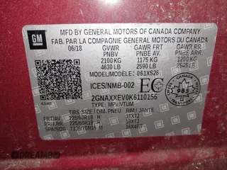 2019 Chevrolet Equinox Premier with VIN 2GNAXXEV0K6110156, listed as a IAAI auction lot 41639256 with 99,531 mi miles and . Bid and sale history available at carsss.com. Image 9.