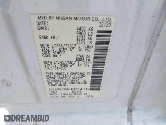 2021 Nissan NV Cargo SV with VIN 1N6AF0LY9MN802430, listed as a IAAI auction lot 42091357 with 144,579 mi miles and . Bid and sale history available at DreamBid. Image 9.