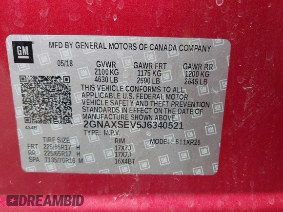 2018 Chevrolet Equinox LT with VIN 2GNAXSEV5J6340521, listed as a IAAI auction lot 42112332 with 57,857 mi miles. Bid and sale history available at carsss.com. Image 9.