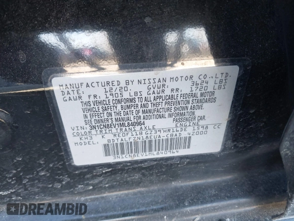2021 Nissan Versa SV with VIN 3N1CN8EV1ML840964, listed as a IAAI auction lot 41412330 with 98,934 mi miles and . Bid and sale history available at DreamBid. Image 9.