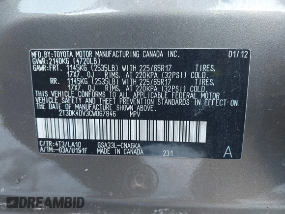 2012 Toyota RAV4 Limited with VIN 2T3DK4DV3CW067846, listed as a IAAI auction lot 41504882 with 149,109 mi miles. Bid and sale history available at carsss.com. Image 9.