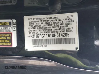 2008 Honda Civic Cpe LX with VIN 2HGFG11618H514205, listed as a IAAI auction lot 41990994 with 251,010 mi miles. Bid and sale history available at carsss.com. Image 9.