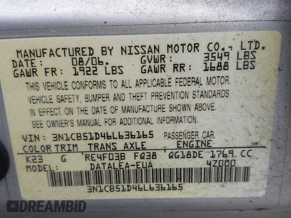 2006 Nissan Sentra S with VIN 3N1CB51D46L636165, listed as a IAAI auction lot 41992135 with 254,508 mi miles and . Bid and sale history available at DreamBid. Image 9.