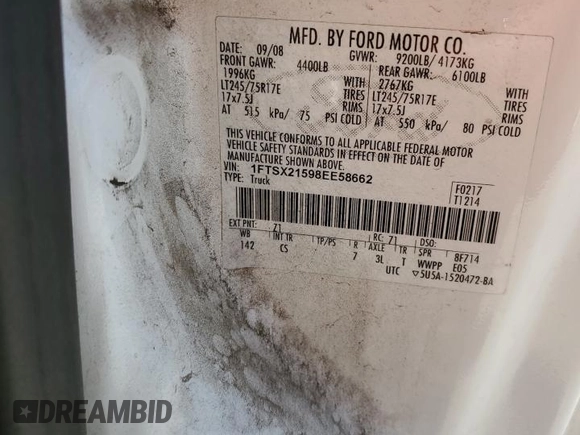 2008 Ford F-250 XL with VIN 1FTSX21598EE58662, listed as a Copart auction lot 57767305 with 137,970 mi miles and Salvage title. Bid and sale history available at DreamBid. Image 12.