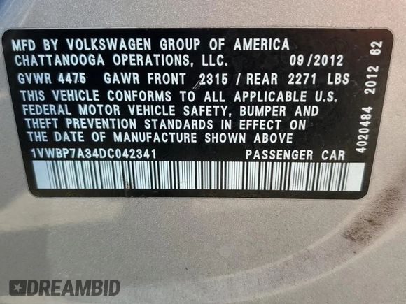 2013 Volkswagen Passat SE with VIN 1VWBP7A34DC042341, listed as a Copart auction lot 66894324 with 200,944 mi miles and Salvage title. Bid and sale history available at DreamBid. Image 12.