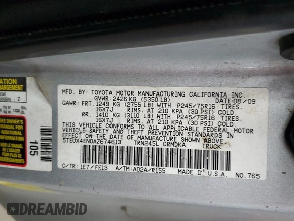 2010 Toyota Tacoma с VIN 5TEUX4EN0AZ674613, выставлен на аукционе Copart как лот 59273985 с пробегом 193 964 миль миль и Чистый • Clean title. История ставок и продаж доступна на DreamBid. Изображение 12.