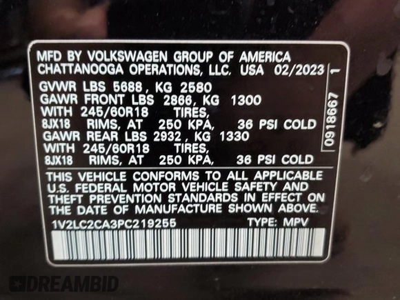 2023 Volkswagen Atlas SE z VIN 1V2LC2CA3PC219255, wystawiony jako Copart lot #59729025 z przebiegiem 23 902 mil mil oraz Szkoda całkowita • Salvage title. Historia ofert i sprzedaży dostępna na DreamBid. Obrazek 14.