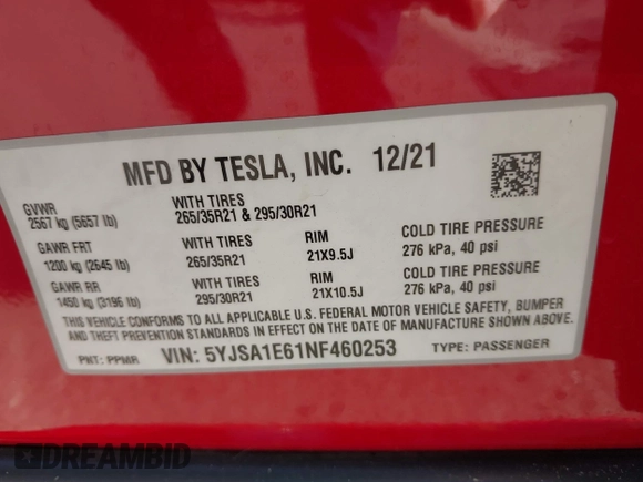 2022 Tesla Model S Plaid with VIN 5YJSA1E61NF460253, listed as a IAAI auction lot 40328727 with Not provided miles and . Bid and sale history available at DreamBid. Image 9.