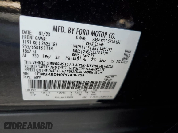 2023 Ford Explorer XLT z VIN 1FMSK8DH9PGA38728, wystawiony jako Copart lot #62331795 z przebiegiem 40 489 mil mil oraz Szkoda całkowita • Salvage title. Historia ofert i sprzedaży dostępna na DreamBid. Obrazek 13.