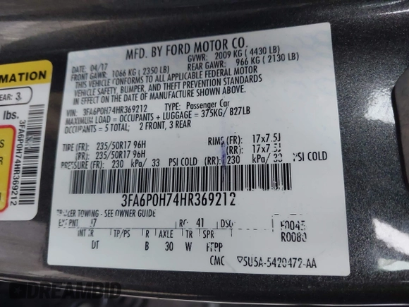 2017 Ford Fusion SE with VIN 3FA6P0H74HR369212, listed as a IAAI auction lot 41539587 with 143,416 mi miles and . Bid and sale history available at carsss.com. Image 9.