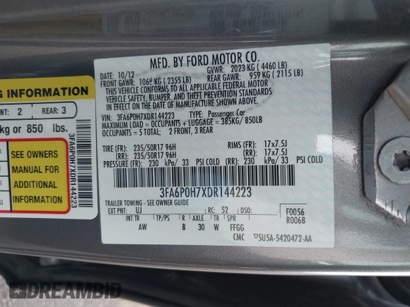 2013 Ford Fusion SE with VIN 3FA6P0H7XDR144223, listed as a IAAI auction lot 42465690 with 110,495 mi miles and . Bid and sale history available at DreamBid. Image 9.