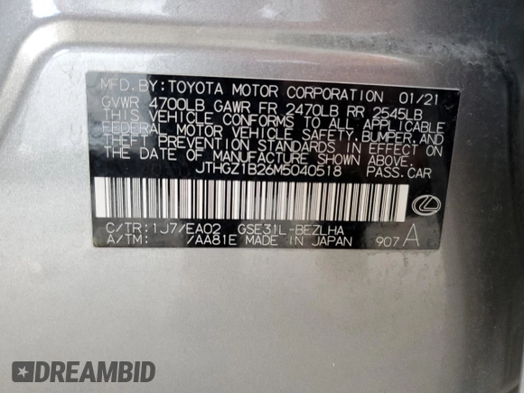 2021 Lexus IS 350 F Sport with VIN JTHGZ1B26M5040518, listed as a Copart auction lot 55793755 with 42,837 mi miles and Salvage title. Bid and sale history available at DreamBid. Image 12.