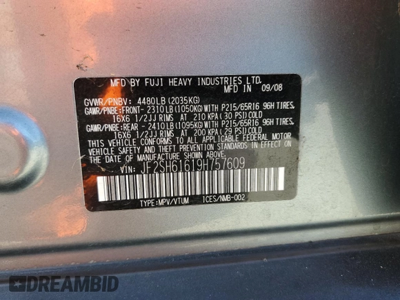 2009 Subaru Forester X with VIN JF2SH61619H757609, listed as a Copart auction lot 65048765 with 106,139 mi miles and Salvage title. Bid and sale history available at DreamBid. Image 13.