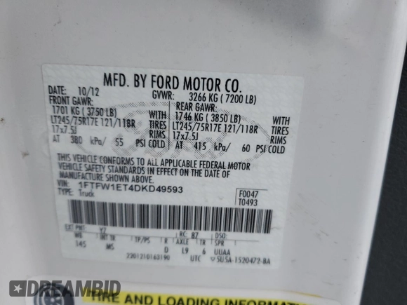 2013 Ford F-150 XL с VIN 1FTFW1ET4DKD49593, выставлен на аукционе Copart как лот 45813685 с пробегом Не указан миль и Чистый • Clean title. История ставок и продаж доступна на DreamBid. Изображение 12.