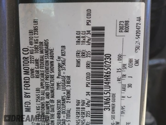 2017 Lincoln MKZ Hybrid Select with VIN 3LN6L5LU4HR650230, listed as a Copart auction lot 62709914 with 85,835 mi miles and Salvage title. Bid and sale history available at DreamBid. Image 12.