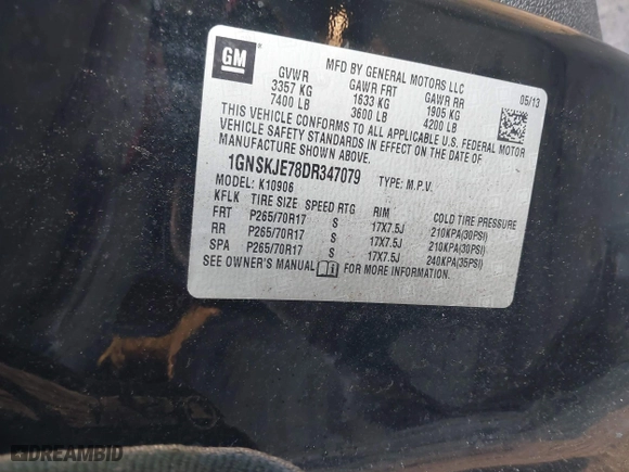 2013 Chevrolet Suburban LT with VIN 1GNSKJE78DR347079, listed as a IAAI auction lot 41404605 with 170,274 mi miles. Bid and sale history available at carsss.com. Image 9.
