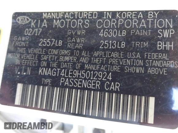 2017 Kia Optima with VIN KNAGT4LE9H5012924, listed as a IAAI auction lot 41682280 with 104,820 mi miles and . Bid and sale history available at DreamBid. Image 9.