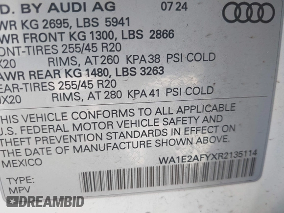 2024 Audi Q5 S line Premium Plus с VIN WA1E2AFYXR2135114, выставлен на аукционе IAAI как лот 41734594 с пробегом 2 354 миль миль и . История ставок и продаж доступна на DreamBid. Изображение 9.