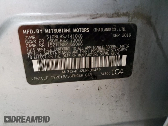 2020 Mitsubishi Mirage G4 SE with VIN ML32F4FJ2LHF00459, listed as a Copart auction lot 53463115 with 61,234 mi miles and Salvage Title. Bid and sale history available at carsss.com. Image 12.