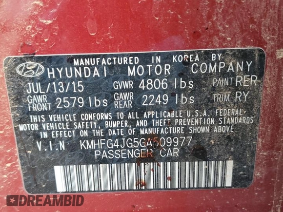 2016 Hyundai Azera with VIN KMHFG4JG5GA509977, listed as a Copart auction lot 47833055 with Not Provided miles and Salvage Title. Bid and sale history available at DreamBid. Image 13.